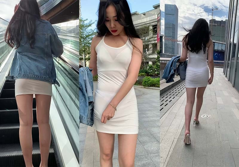 [街拍][4k]街头白色半透明包臀裙美腿美女